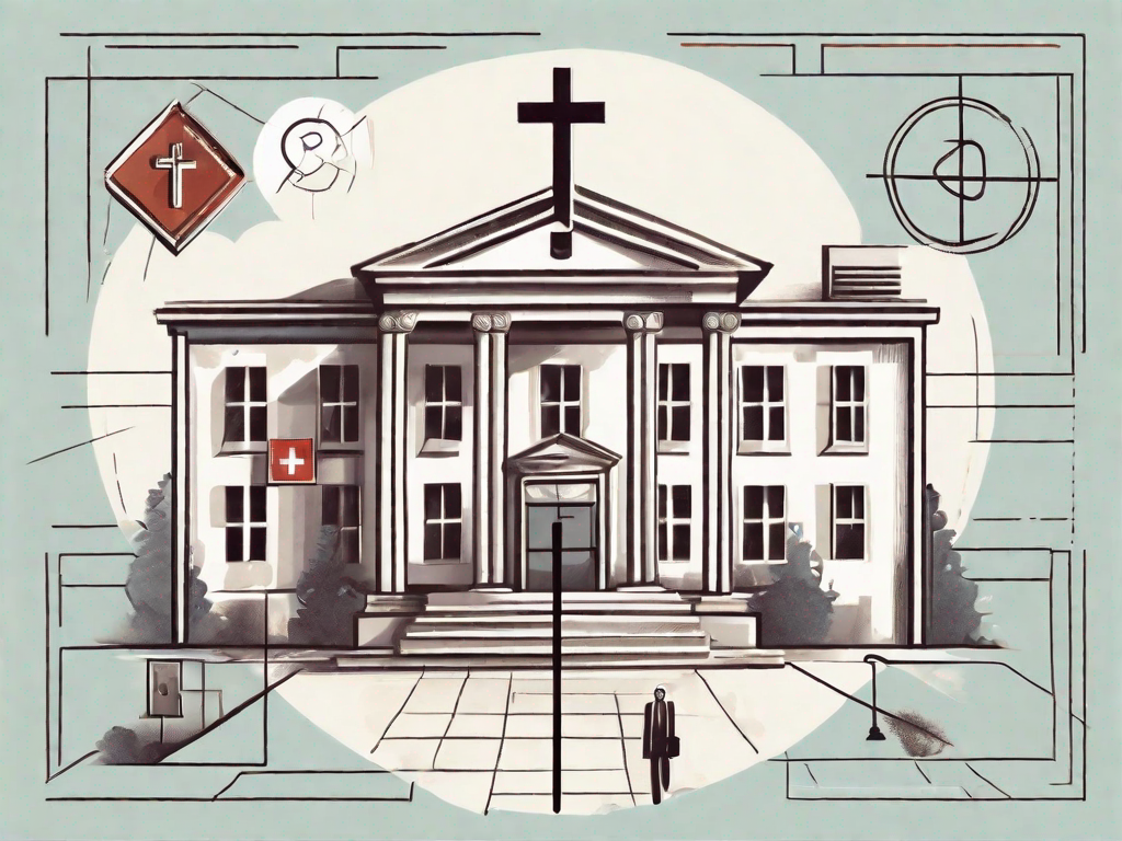 A post office building with a symbolic medical cross on it